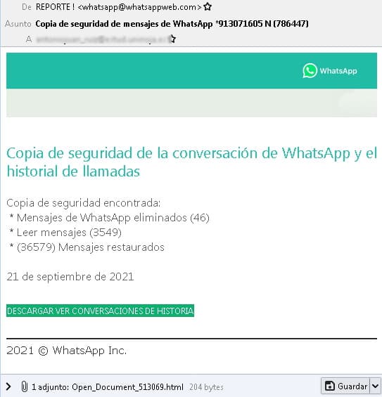 mensaje fraudulento de WhatsApp
